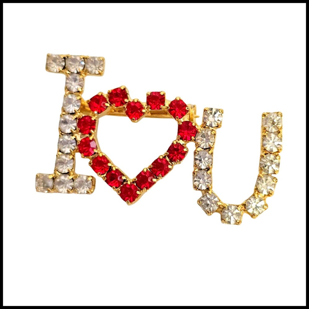 Rhinestone "I Love You" Brooch Pin - Gold Tone, Red Heart, Valentine's Day